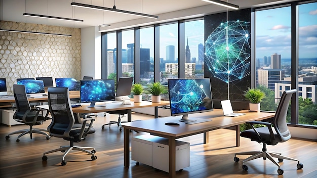 Modern office space with desktops with modern computersAi contemporary officecompany office