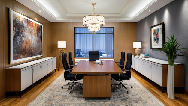 Modern office space with elegant furniture and city skyline views