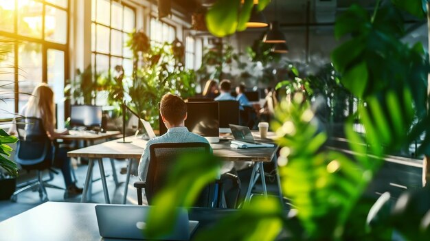 Photo modern office space with employees at desks surrounded by lush green plants and natural light