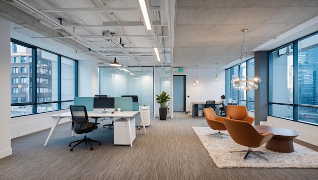 Modern office space with glass walls and city skyline view