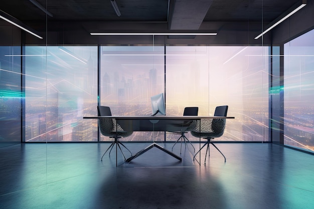 A modern office space with a holographic background showing the view from the window