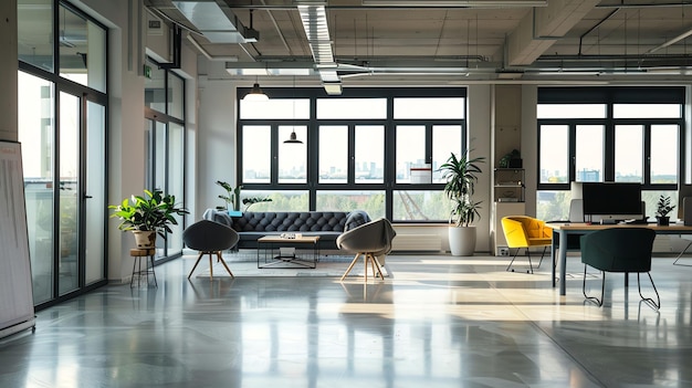 Photo modern office space with large windows and a comfortable lounge area