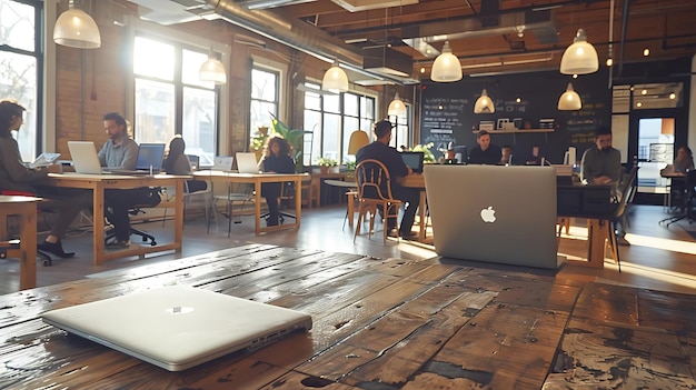 A modern office space with people working on laptops in a collaborative environment