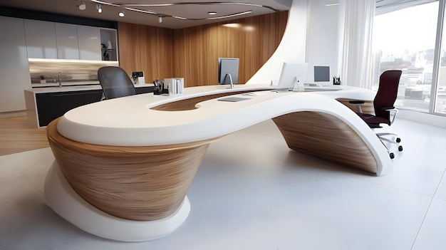 a modern office space with a white desk and a large wooden bowl with a white top