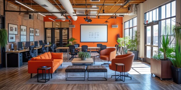 Modern office spaces with orange furniture comfort open space