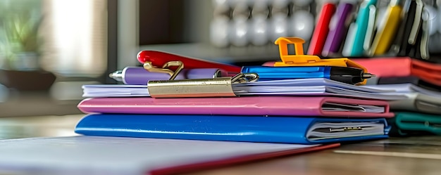 Modern office supplies including stapler pens and notepads