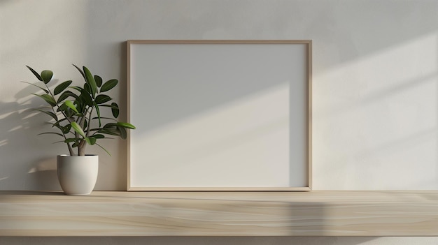 Modern Office Wall Art Mockup with Empty White Frame and Green Plant on Wooden Shelf best image for project