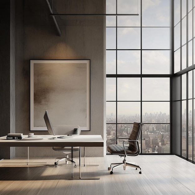 Photo modern office with city view a glass table and a leather chair