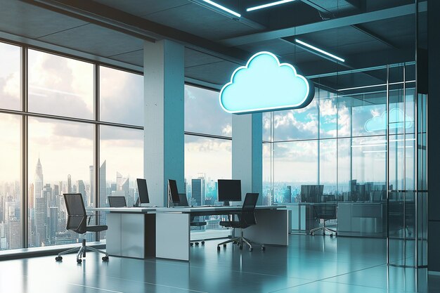 Photo modern office with cloud icon representing digital storage and technologyxa