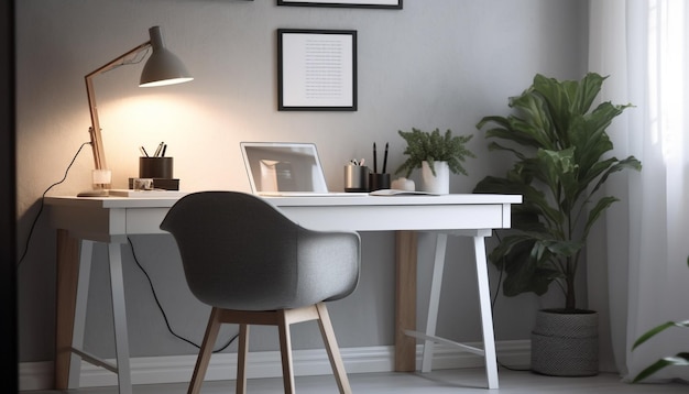 Modern office with computer lamp and chair generated by AI