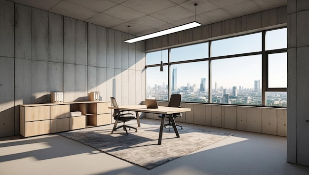 Modern office with concrete walls large windows and cityscape views