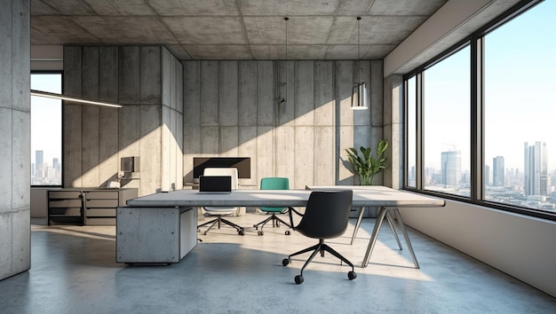 Modern office with concrete walls large windows and cityscape views