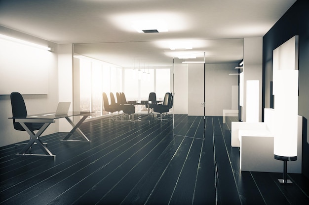 Modern office with furniture vitreous walls and black wooden floor