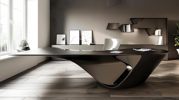 Photo a modern office with a large curved desk and a chair