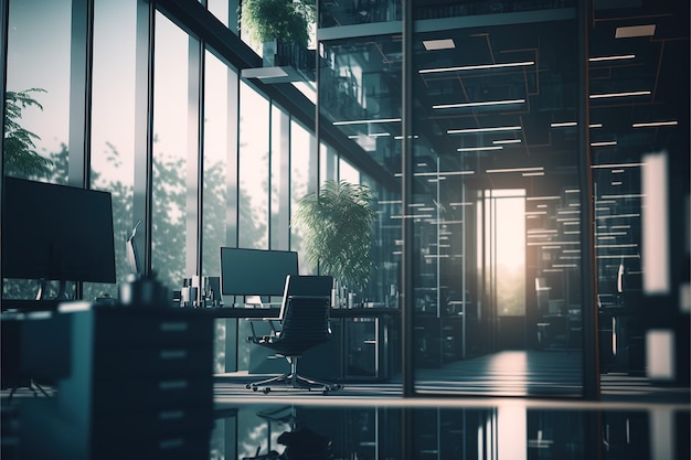 A modern office with large glass windows and walls Generative AI