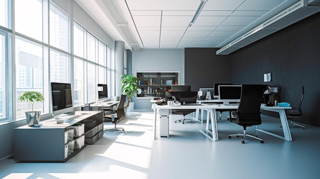 A modern office with a large window and a desk with a bookcase on the wall.