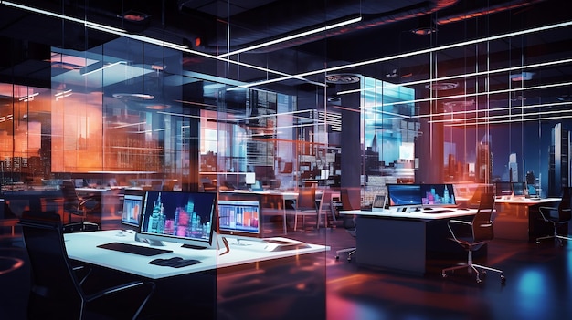 modern office with neon lights and a computer