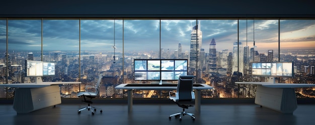 Modern Office with Panoramic City View at Dusk