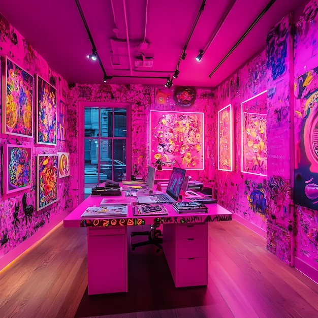 Modern Office with Pink Walls and Abstract Art