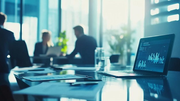 A modern office with professionals collaborating around a table discussing charts and graphs with