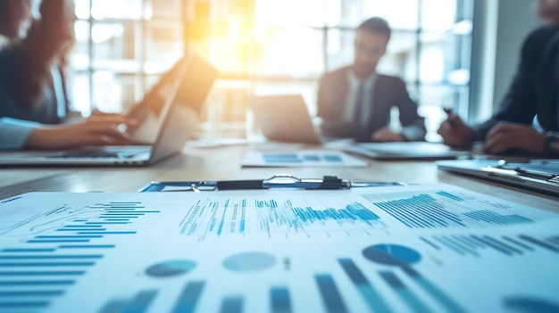 A modern office with professionals collaborating around a table discussing charts and graphs with