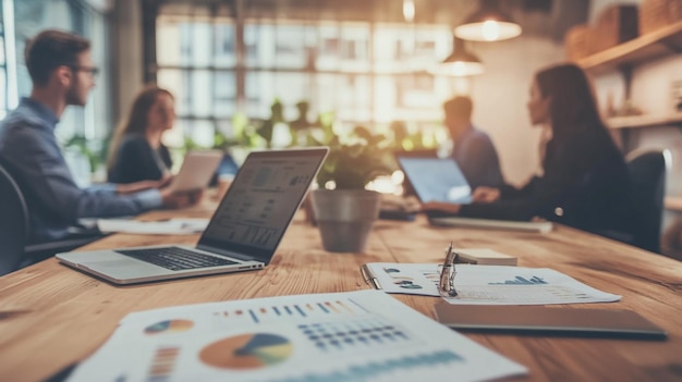 A modern office with professionals collaborating around a table discussing charts and graphs with