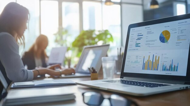 A modern office with professionals collaborating around a table discussing charts and graphs with