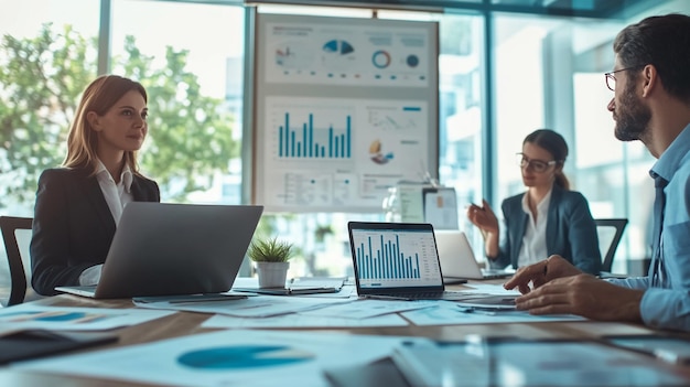 A modern office with professionals collaborating around a table discussing charts and graphs with