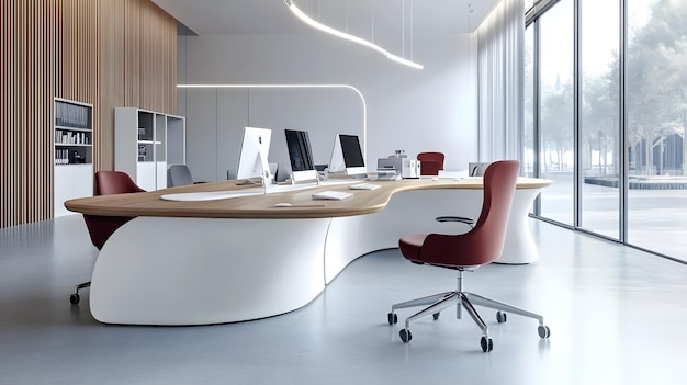 a modern office with a red chair and a white desk