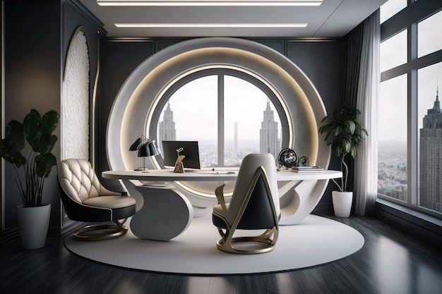 A modern office with a round wall and a round table with a chair and a window with the city view.