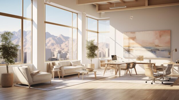 A modern office with a view of the mountains