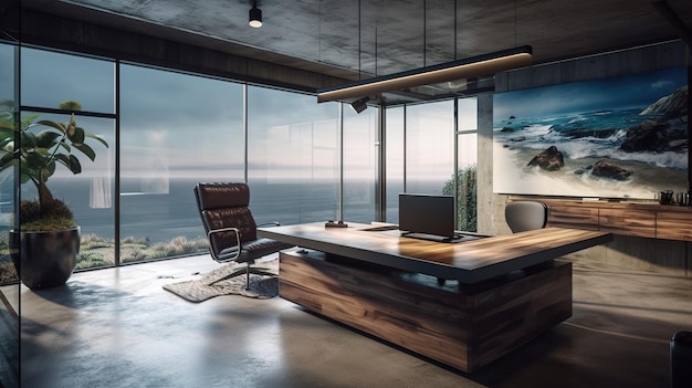 A modern office with a view of the ocean.