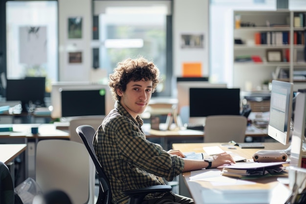 Photo modern office worker in contemporary workplace with openplan desk and technology aig58