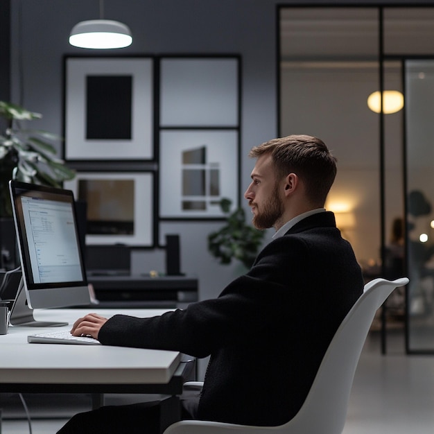 Photo modern office workspace businessman working on computer