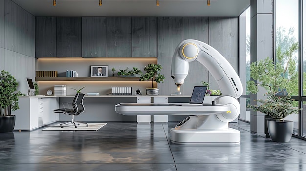 Modern office workspace featuring a robotic arm and sleek design highlighting innovative technology