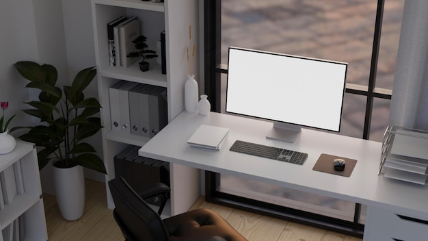 Modern office workspace interior design with computer mockup on the table against the window