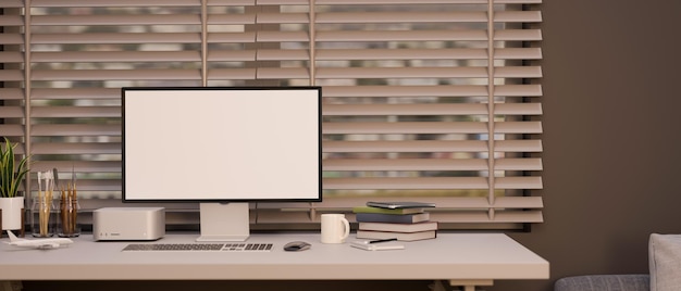 Modern office workspace interior with blank PC desktop computer mockup and supplies on white table