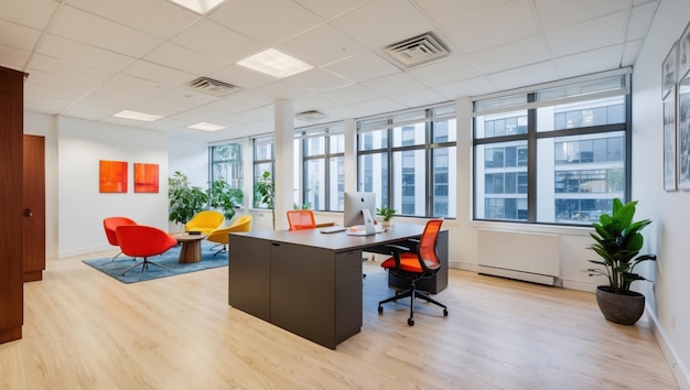 Modern office workspace with city view natural light and professional ambiance