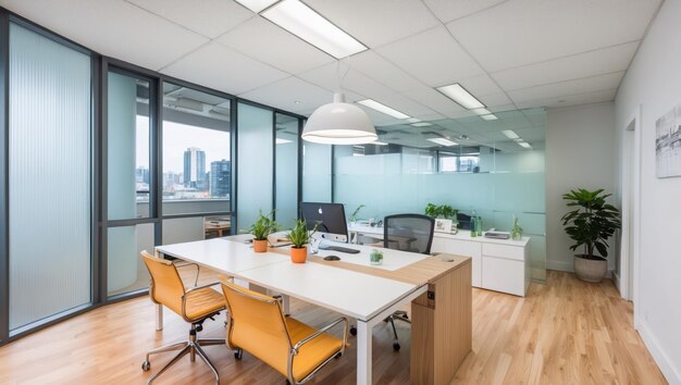 Modern office workspace with city view natural light and professional ambiance