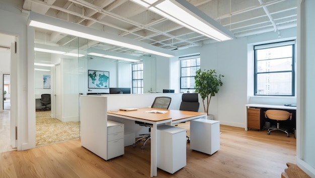 Modern office workspace with city view natural light and professional ambiance