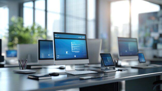 Modern Office Workspace with Computers and Desk Accessories