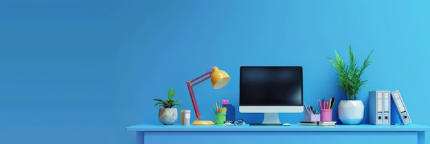 Modern office workspace with desktop computer lamp and various office supplies on a blue desk