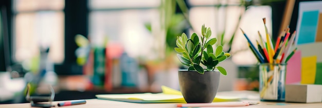 Modern Office Workspace with Vibrant Green Plant and Colorful Stationery in Bright Daylight