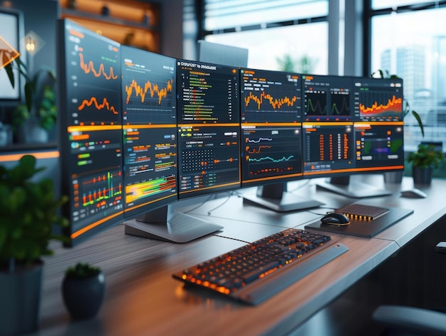 Modern Office Workstation with Multiple Monitors Displaying Data