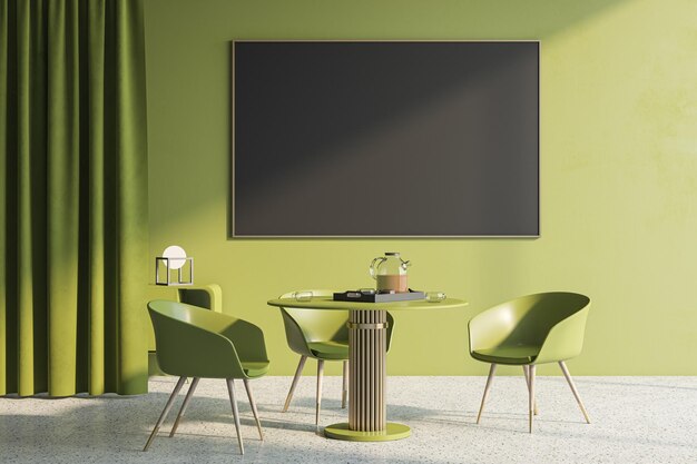 Modern olive cafeteria interior with empty black mock up poster or blackboard furniture and curtain Designs and architecture concept 3D Rendering