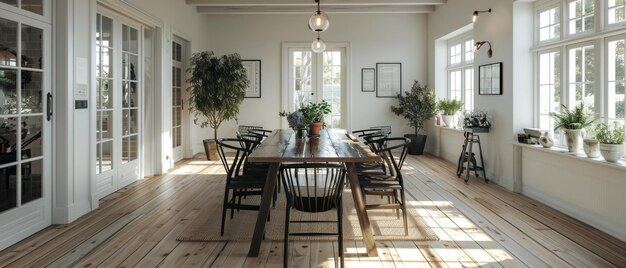 Photo modern open concept kitchen and dining room