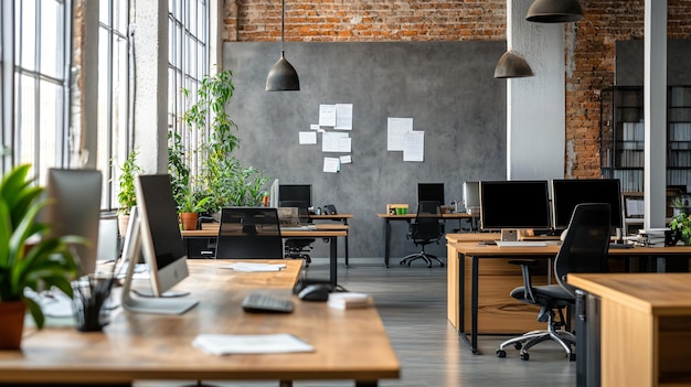 Photo modern open office interior with computers