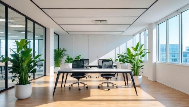 Modern open office space with green plants and ergonomic workspace setup