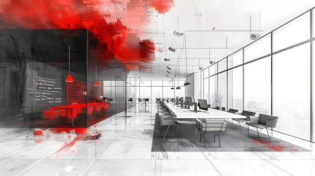 modern open office with collaborative spaces in black and red