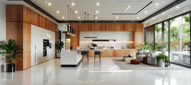 Modern open space kitchen and living room with wooden panels on the walls